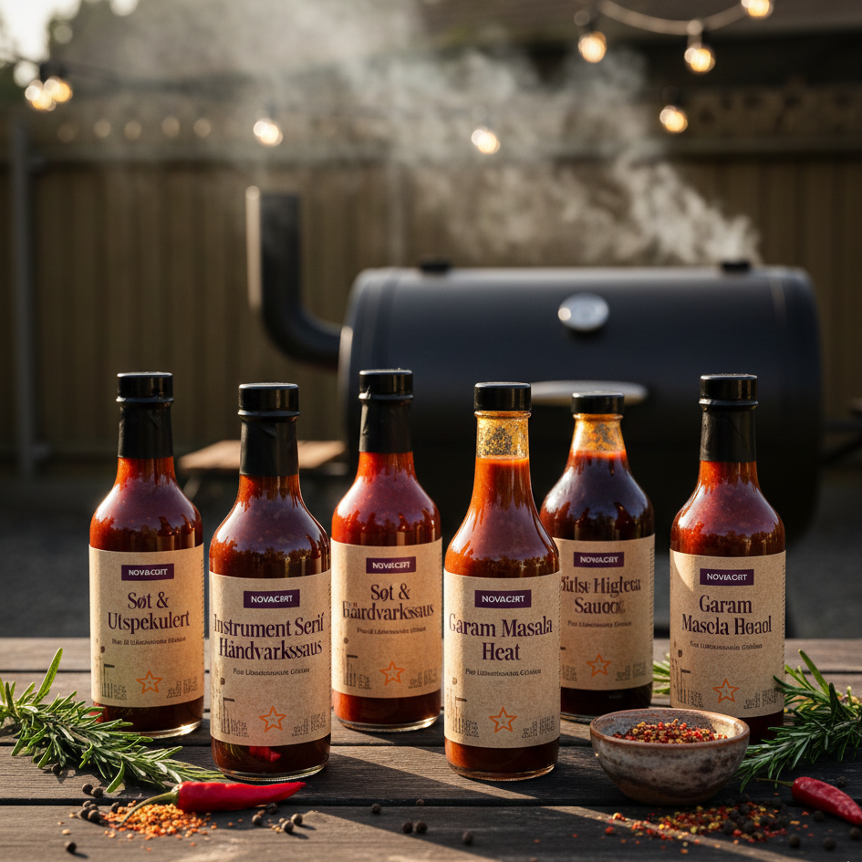 Et utvalg av BBQ-sauser med fargerike etiketter plassert i et profesjonelt grillmiljø med godt lys.