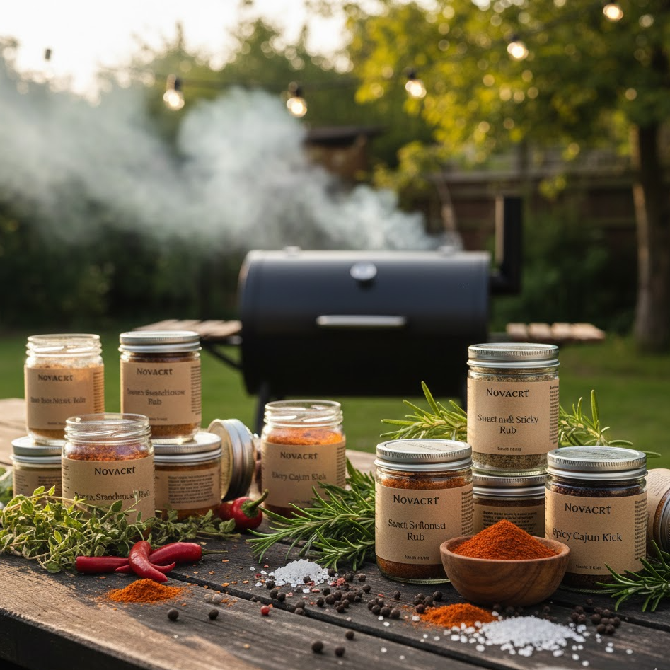 Rustikk utstilling av Novacart BBQ-krydder og rubs i keramiske skåler på et mørkt trebord, omgitt av hele pepperkorn, chiliflakes, havsalt og friske urter i varmt naturlig lys.