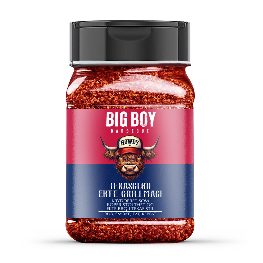Nærbilde av Big Boy BBQ TexasGlød i en 280g boks, som viser den rike røde fargen fra Szeged-paprika og grove biter av chili og brunt sukker, perfekt for å skape en profesjonell grillskorpe på storfe.